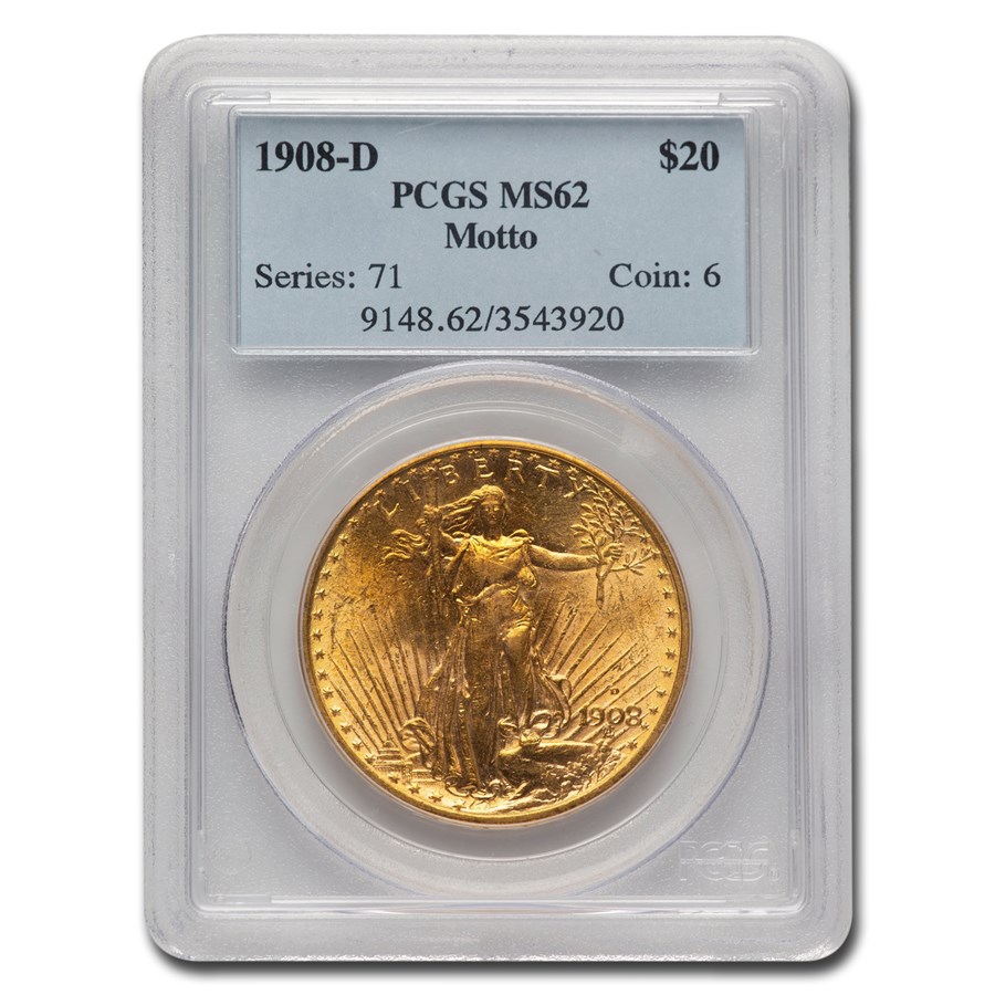 1908-D $20 St Gaudens Gold w/Motto MS-62 PCGS