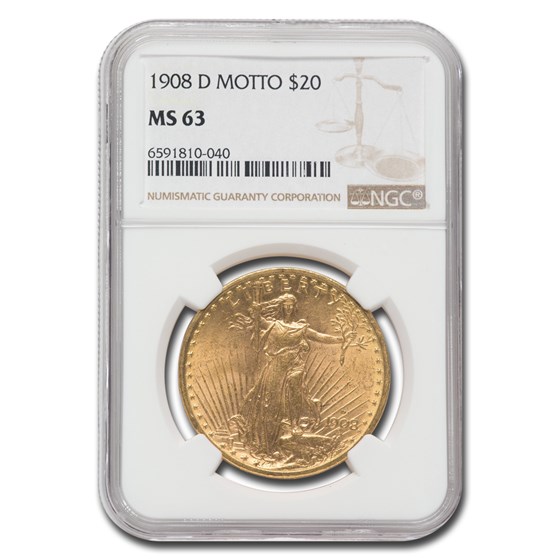 1908-D $20 St Gaudens Gold w/Motto MS-63 NGC 1908-D $20 St Gaudens Gold w/Motto MS-63 NGC