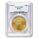 1908-D $20 St Gaudens Gold w/Motto MS-63 PCGS