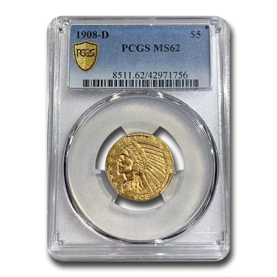 1908-D $5 Indian Gold Half Eagle MS-62 PCGS