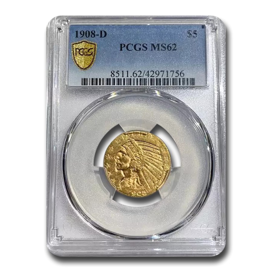 1908-D $5 Indian Gold Half Eagle MS-62 PCGS