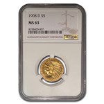 1908-D $5 Indian Gold Half Eagle MS-63 NGC