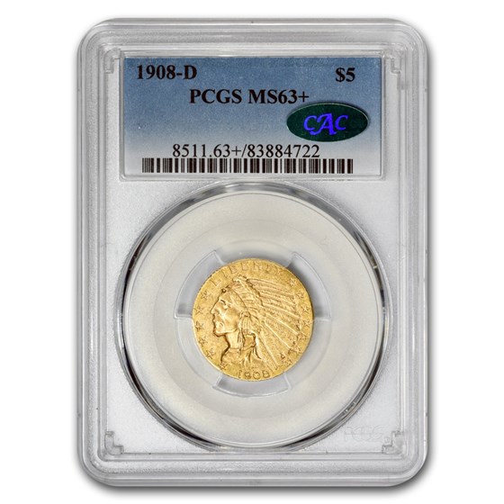 1908-D $5 Indian Gold Half Eagle MS-63+ PCGS CAC 1908-D $5 Indian Gold Half Eagle MS-63+ PCGS CAC