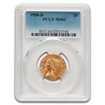 1908-D $5 Indian Gold Half Eagle MS-63 PCGS