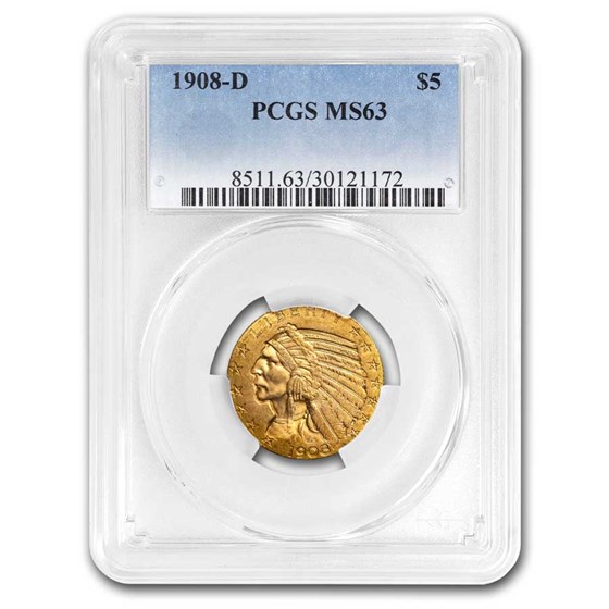 1908-D $5 Indian Gold Half Eagle MS-63 PCGS 1908-D $5 Indian Gold Half Eagle MS-63 PCGS
