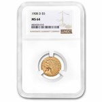 1908-D $5 Indian Gold Half Eagle MS-64 NGC