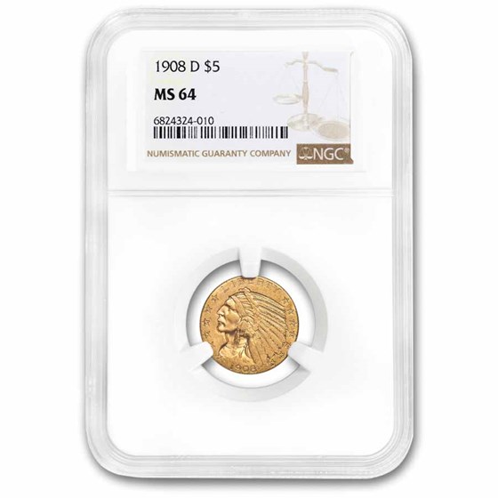 1908-D $5 Indian Gold Half Eagle MS-64 NGC 1908-D $5 Indian Gold Half Eagle MS-64 NGC