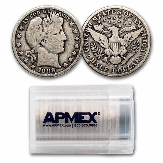1908-D Barber Half Dollar 20-Coin Roll Avg Circ 1908-D Barber Half Dollar 20-Coin Roll Avg Circ