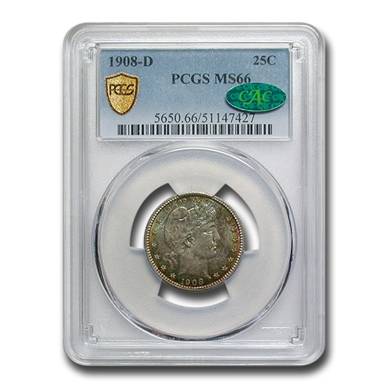 1908-D Barber Quarter MS-66 PCGS CAC 1908-D Barber Quarter MS-66 PCGS CAC