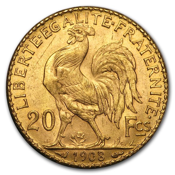 1908 France Gold 20 Francs Rooster BU 1908 France Gold 20 Francs Rooster BU