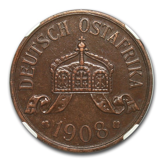 1908-J German East Africa Bronze 5 Heller AU-55 NGC 1908-J German East Africa Bronze 5 Heller AU-55 NGC