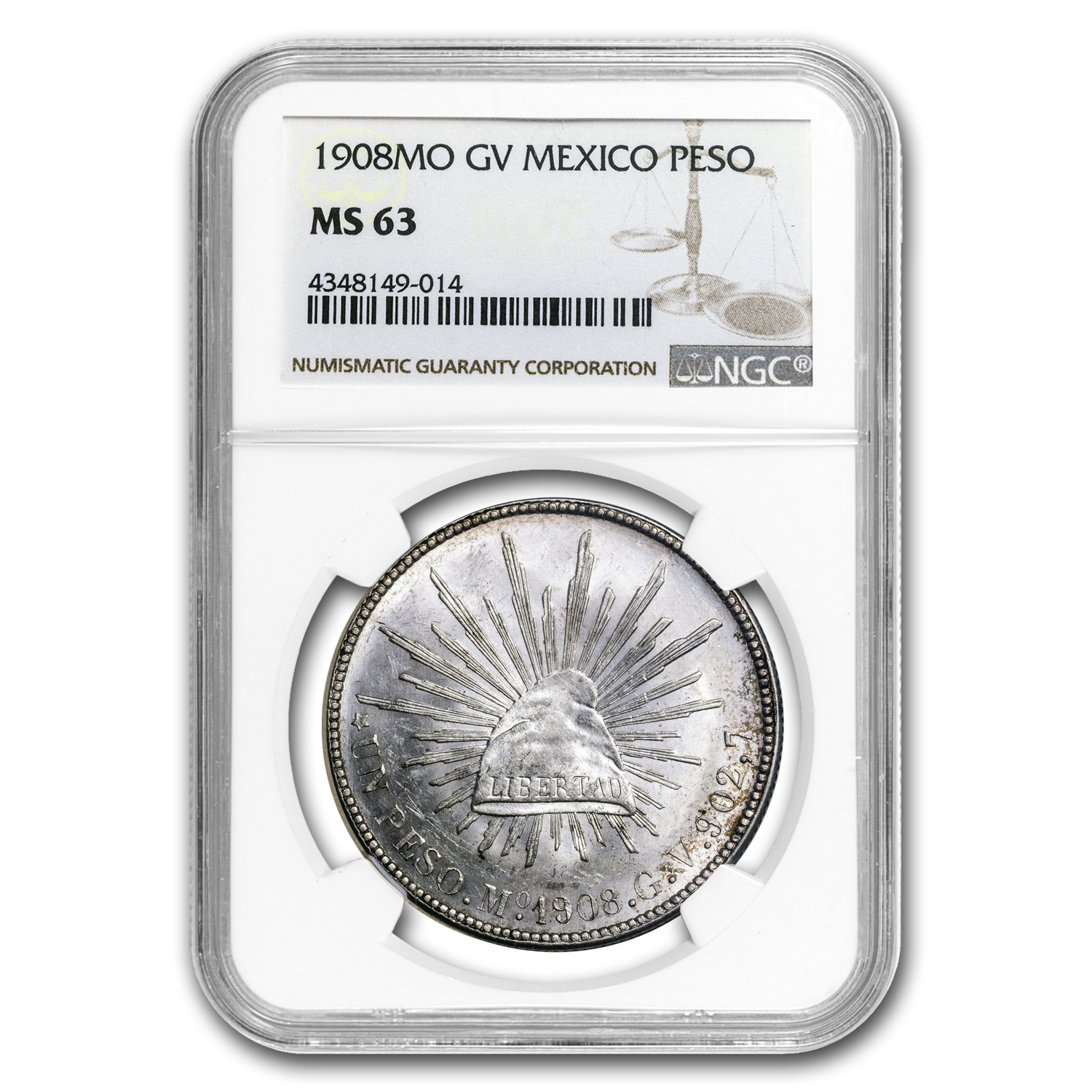 Buy 1908 Mo-GV Mexico Silver 1 Peso Cap & Rays MS-63 NGC | APMEX