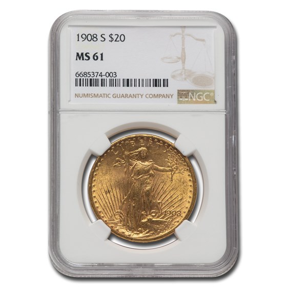 1908-S $20 Saint-Gaudens Gold Double Eagle MS-61 NGC 1908-S $20 Saint-Gaudens Gold Double Eagle MS-61 NGC