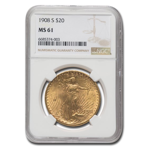 1908-S $20 St. Gaudens Gold Double Eagle MS-61 NGC 1908-S $20 St. Gaudens Gold Double Eagle MS-61 NGC