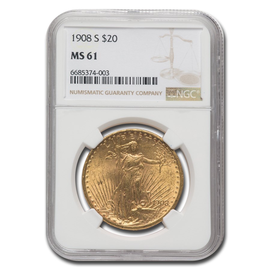 1908-S $20 St. Gaudens Gold Double Eagle MS-61 NGC