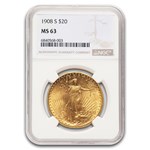 1908-S $20 St Gaudens Gold Double Eagle MS-63 NGC
