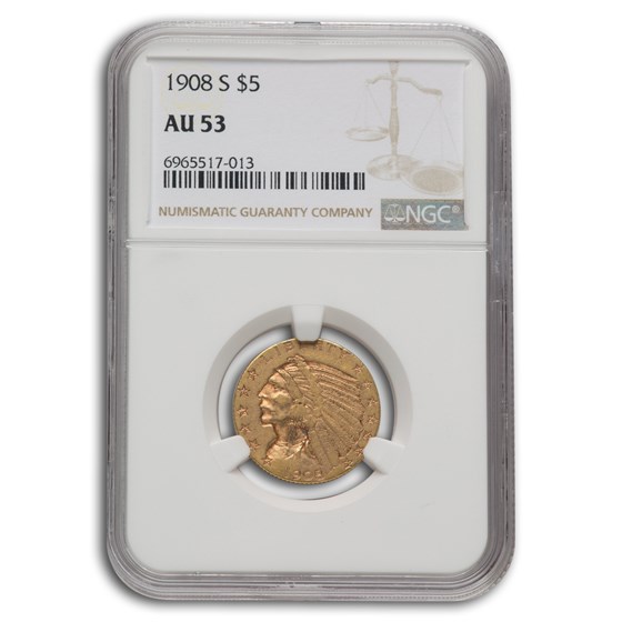 1908-S $5 Indian Gold Half Eagle AU-53 NGC 1908-S $5 Indian Gold Half Eagle AU-53 NGC