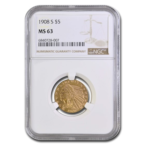 1908-S $5 Indian Gold Half Eagle MS-63 NGC 1908-S $5 Indian Gold Half Eagle MS-63 NGC
