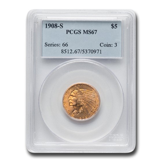 1908-S $5 Indian Gold Half Eagle MS-67 PCGS 1908-S $5 Indian Gold Half Eagle MS-67 PCGS