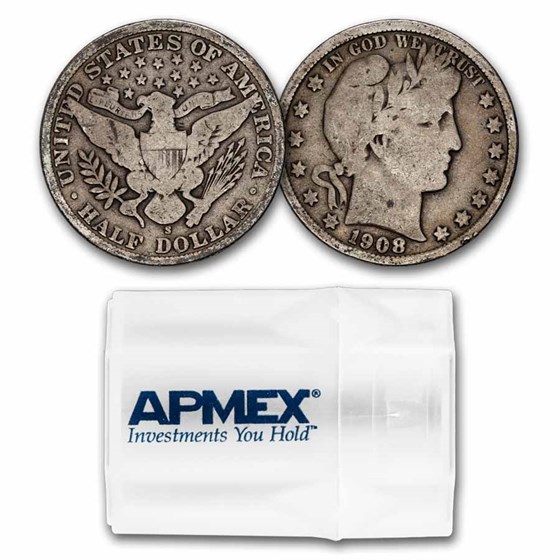 1908-S Barber Half Dollar 20-Coin Roll Avg Circ
