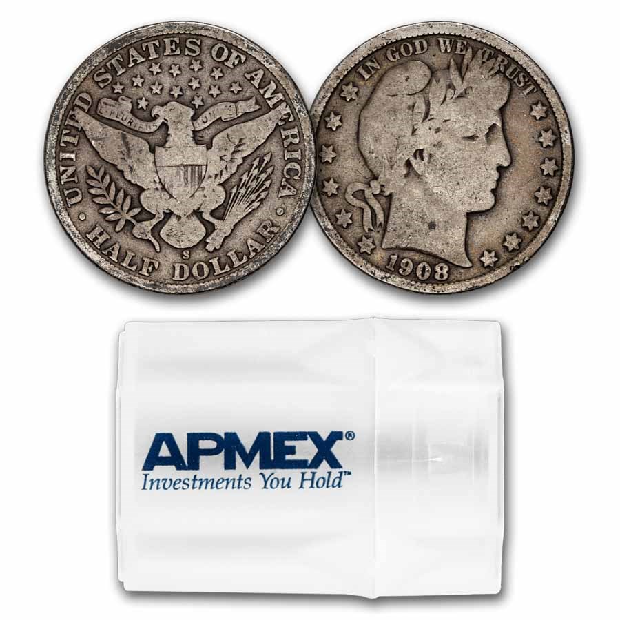1908-S Barber Half Dollar 20-Coin Roll Avg Circ