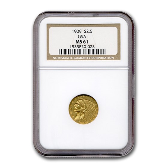 1909 $2.50 Indian Gold Quarter Eagle MS-61 NGC (GSA) 1909 $2.50 Indian Gold Quarter Eagle MS-61 NGC (GSA)