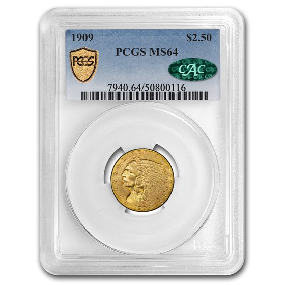 1909 $2.50 Indian Gold Quarter Eagle MS-64 PCGS CAC 1909 $2.50 Indian Gold Quarter Eagle MS-64 PCGS CAC
