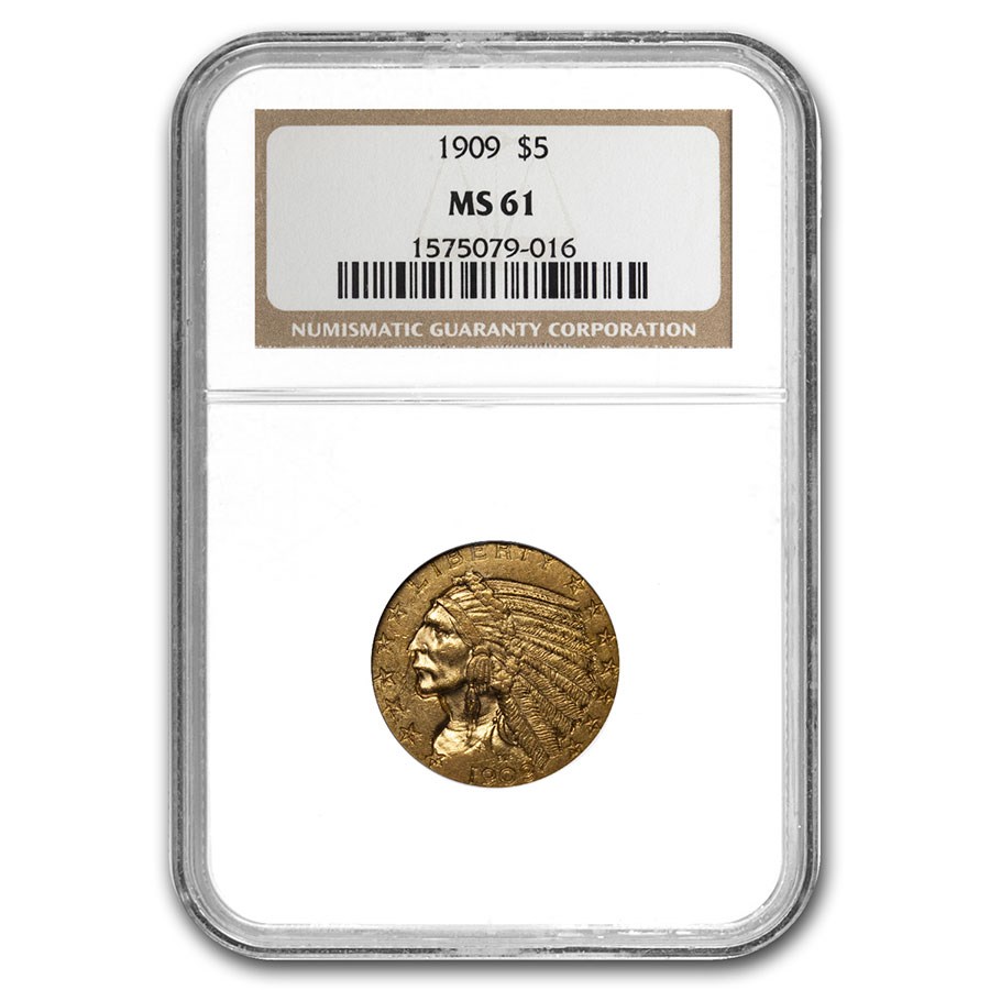 1909 $5 Indian Gold Half Eagle MS-61 NGC