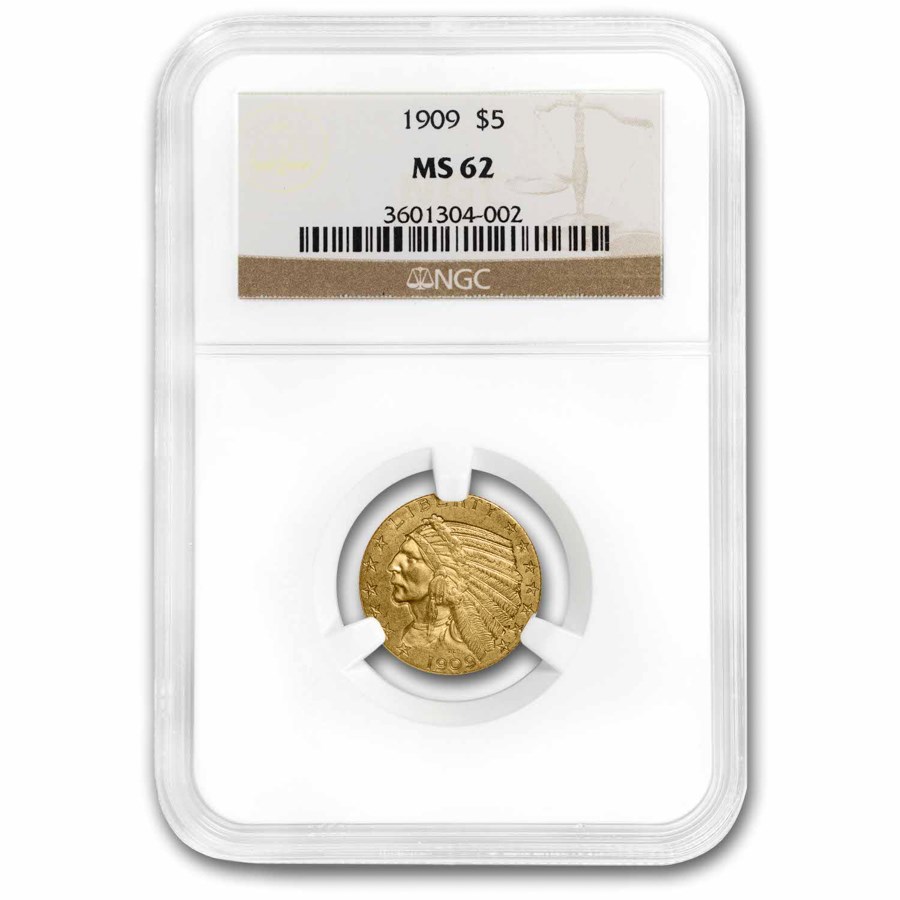 1909 $5 Indian Gold Half Eagle MS-62 NGC