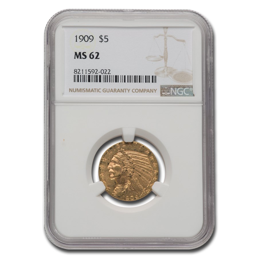 1909 $5 Indian Gold Half Eagle MS-62 NGC