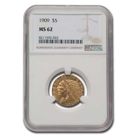 1909 $5 Indian Gold Half Eagle MS-62 NGC 1909 $5 Indian Gold Half Eagle MS-62 NGC