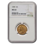 1909 $5 Indian Gold Half Eagle MS-64 NGC