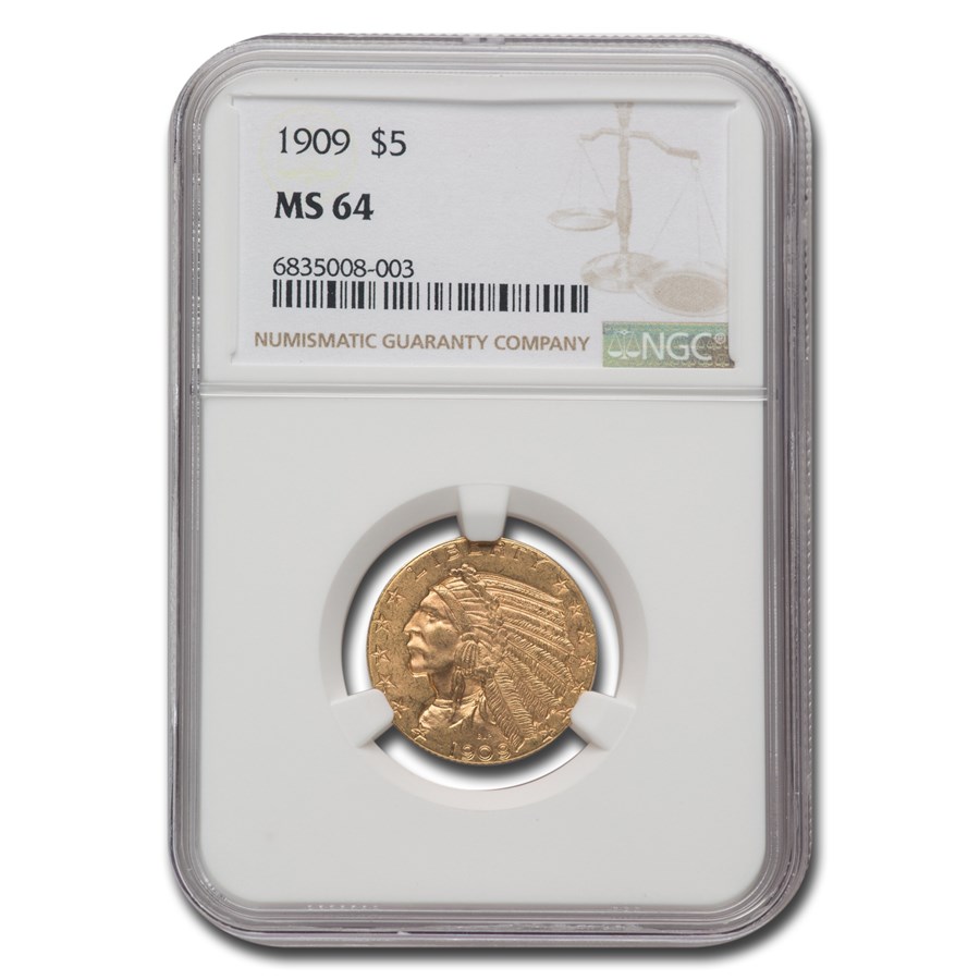 1909 $5 Indian Gold Half Eagle MS-64 NGC