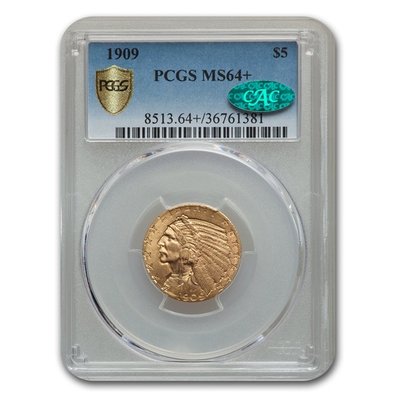 1909 $5 Indian Gold Half Eagle MS-64+ PCGS CAC 1909 $5 Indian Gold Half Eagle MS-64+ PCGS CAC