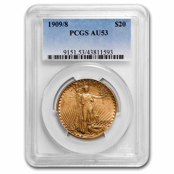 1909/8 $20 Saint-Gaudens Gold Double Eagle AU-53 PCGS 1909/8 $20 Saint-Gaudens Gold Double Eagle AU-53 PCGS