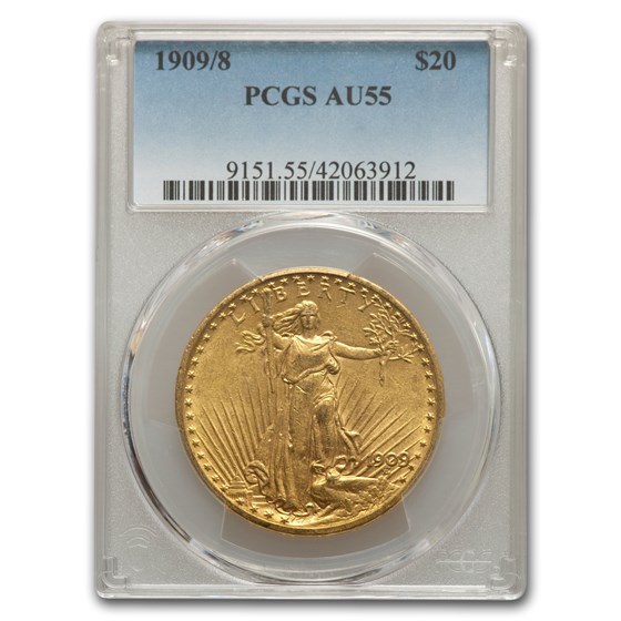 1909/8 $20 Saint-Gaudens Gold Double Eagle AU-55 PCGS 1909/8 $20 Saint-Gaudens Gold Double Eagle AU-55 PCGS