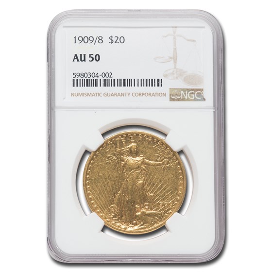 1909/8 $20 Saint-Gaudens Gold Double Eagle Overdate AU-50 NGC 1909/8 $20 Saint-Gaudens Gold Double Eagle Overdate AU-50 NGC