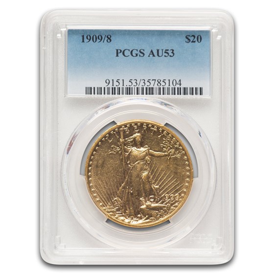 1909/8 $20 St Gaudens Gold Double Eagle AU-53 PCGS