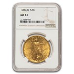 1909/8 $20 St Gaudens Gold Double Eagle MS-60 NGC
