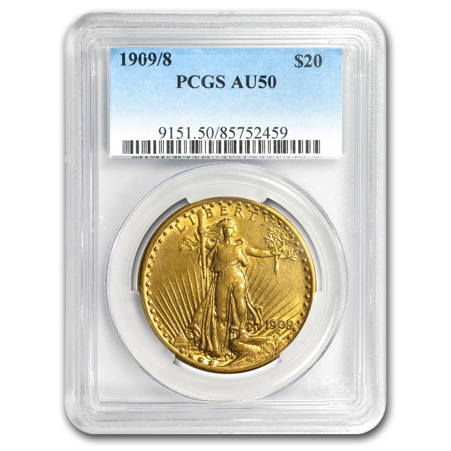 1909/8 $20 St Gaudens Gold Double Eagle Overdate AU-50 PCGS