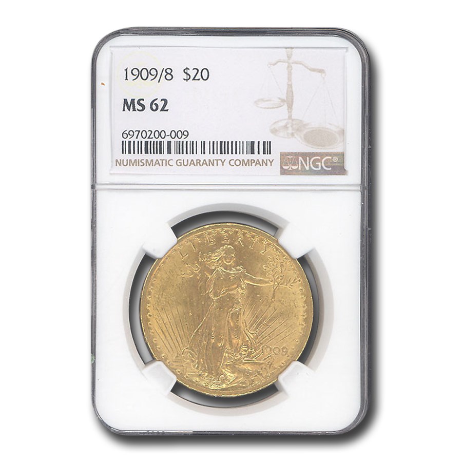 1909/8 $20 St Gaudens Gold Double Eagle Overdate MS-62 NGC