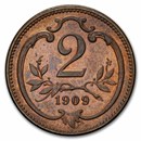 1909 Austria Bronze 2 Heller BU (Red/Brown)