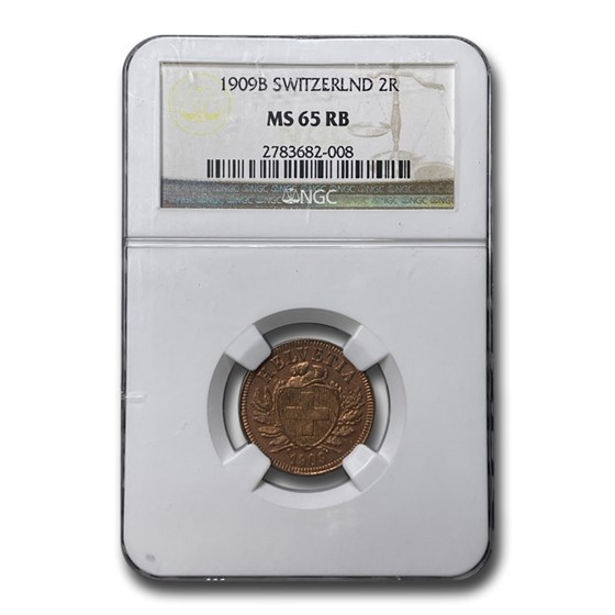1909-B Switzerland 2 Rappen MS-65 NGC (Red/Brown) 1909-B Switzerland 2 Rappen MS-65 NGC (Red/Brown)