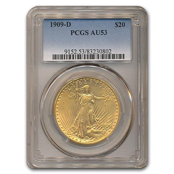 1909-D $20 Saint-Gaudens Gold Double Eagle AU-53 PCGS 1909-D $20 Saint-Gaudens Gold Double Eagle AU-53 PCGS