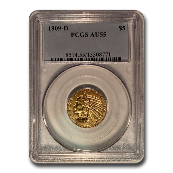1909-D $5 Indian Gold Half Eagle AU-55 PCGS 1909-D $5 Indian Gold Half Eagle AU-55 PCGS
