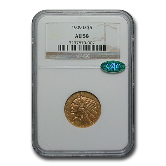 1909-D $5 Indian Gold Half Eagle AU-58 NGC CAC 1909-D $5 Indian Gold Half Eagle AU-58 NGC CAC