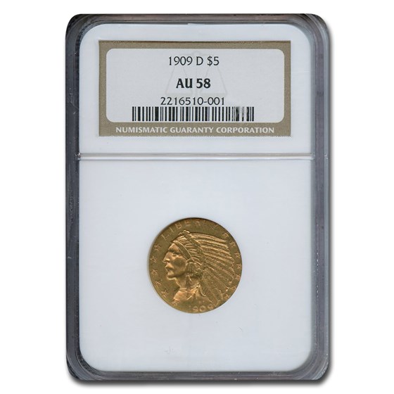 1909-D $5 Indian Gold Half Eagle AU-58 NGC 1909-D $5 Indian Gold Half Eagle AU-58 NGC