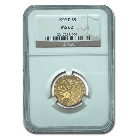 1909-D $5 Indian Gold Half Eagle MS-62 NGC 1909-D $5 Indian Gold Half Eagle MS-62 NGC