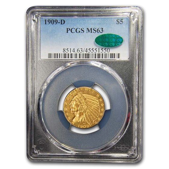 1909-D $5 Indian Gold Half Eagle MS-63 PCGS (CAC) 1909-D $5 Indian Gold Half Eagle MS-63 PCGS (CAC)
