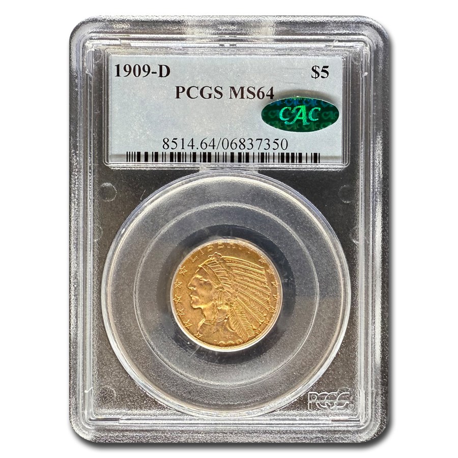 1909-D $5 Indian Gold Half Eagle MS-64 PCGS CAC